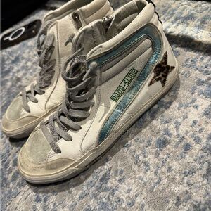 Golden Goose White and Gray High-Tops with Blue Stripe